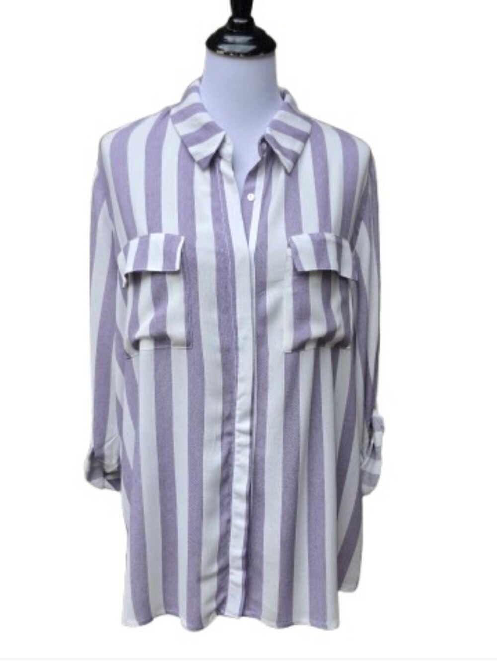 Gibson Purple Striped Button-Up Blouse Relaxed Roll-Tab Sleeves Pocket Squares